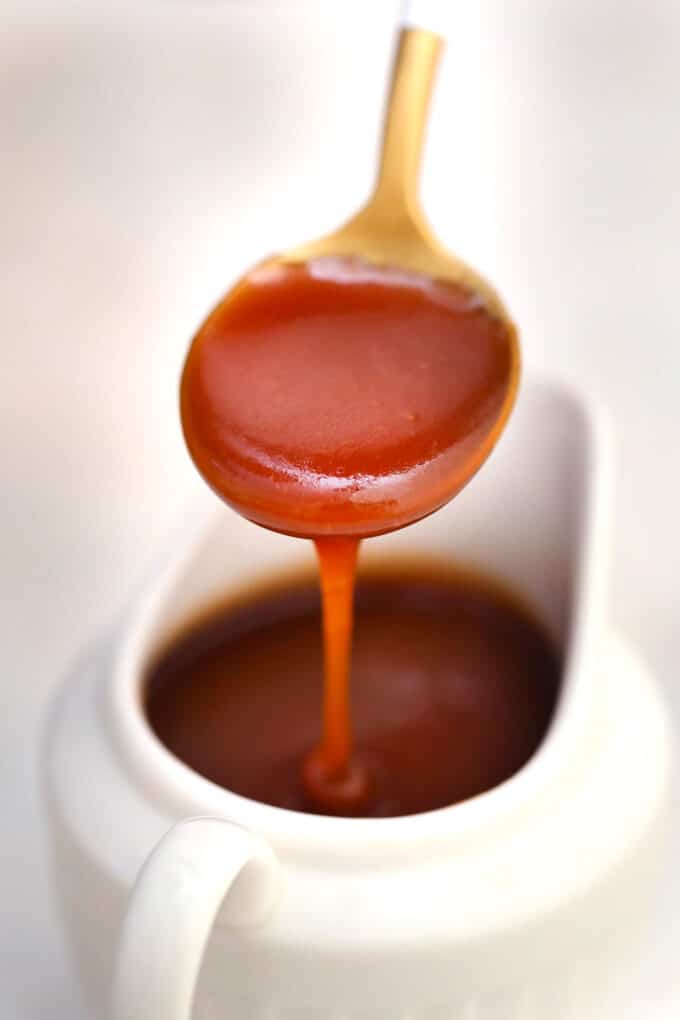 Keto Caramel Sauce is sweet, thick, and irresistible! Use this as topping on your favorite desserts minus the extra carbs! All it takes is 15 minutes! #keto #ketodesserts #ketocaramel #caramelsauce #sweetandsavorymeals