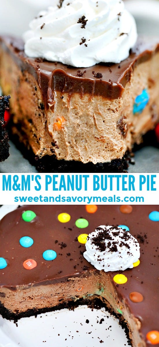 No-Bake M&M's Pie with Oreo crust is creamy, nutty, and chocolaty! It is so colorful and festive that it makes for a great dessert for kids and the kids-at-heart! #halloween #nobake #pie #chocolatepie #sweetandsavorymeals