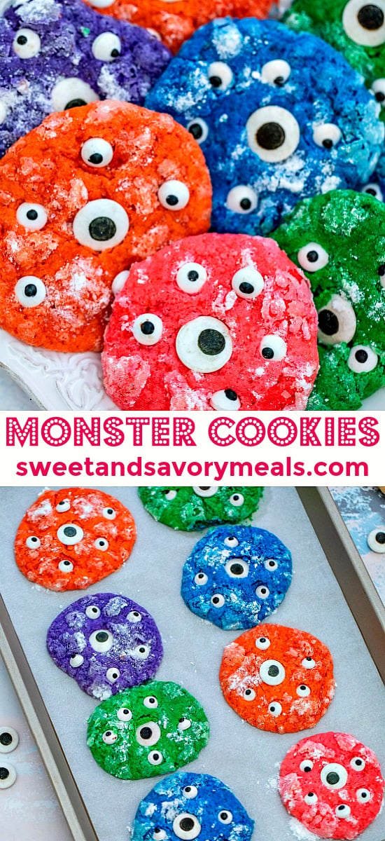 Monster Cookies are very fun to make, look colorful and are perfect for Halloween! #monstercookies #cookies #halloween #desserts #sweetandsavorymeals