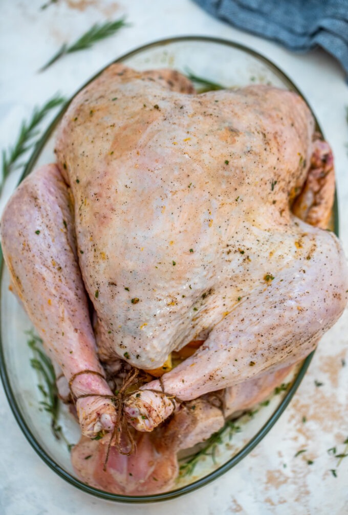 stuffed and seasoned raw whole turkey in a baking dish