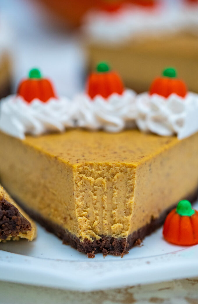 macro shot of a slice of homemade pumpkin cheesecake on a white plate