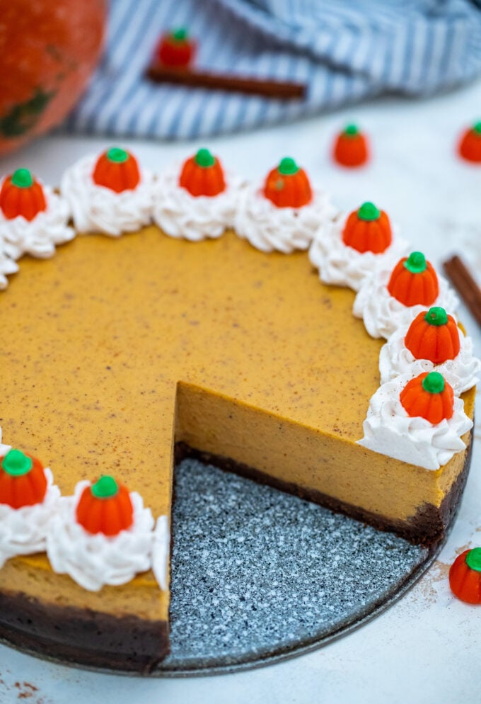 angle shot of the center of a pumpkin cheesecake