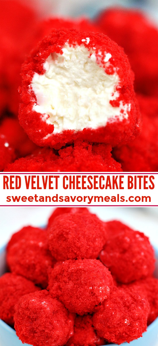 Red Velvet Cheesecake Bites are creamy and nothing but velvety! With their festive color and decadent taste, they make for a great dessert for any occasion! #cheesecake #cheesecakebites #sweetandsavorymeals #redvelvet #nobake