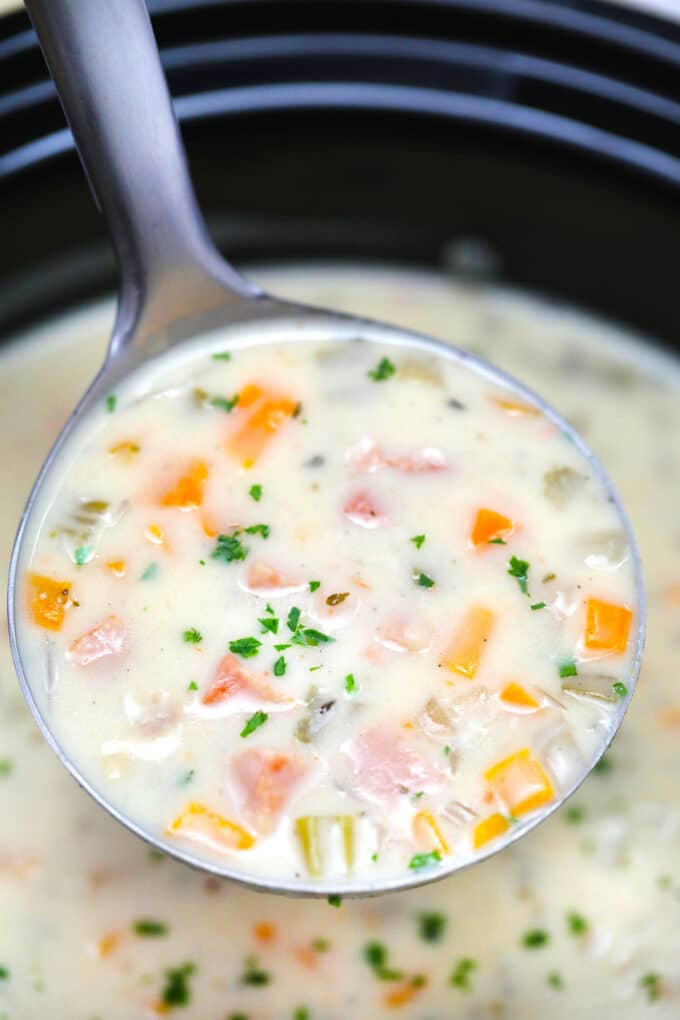 Slow Cooker Ham and Bean Soup smells divine as it simmers and it tastes just as amazing! #slowcooker #crockpotrecipes #hamandbeansoup #souprecipes #sweetandsavorymeals