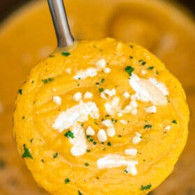 Slow Cooker Sweet Potato Soup is creamy, thick, rich, and flavorful, also hassle-free and comforting! #slowcooker #crockpotrecipes #souprecipes #sweetpotatoes #sweetandsavorymeals