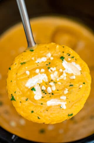 Slow Cooker Sweet Potato Soup is creamy, thick, rich, and flavorful, also hassle-free and comforting! #slowcooker #crockpotrecipes #souprecipes #sweetpotatoes #sweetandsavorymeals