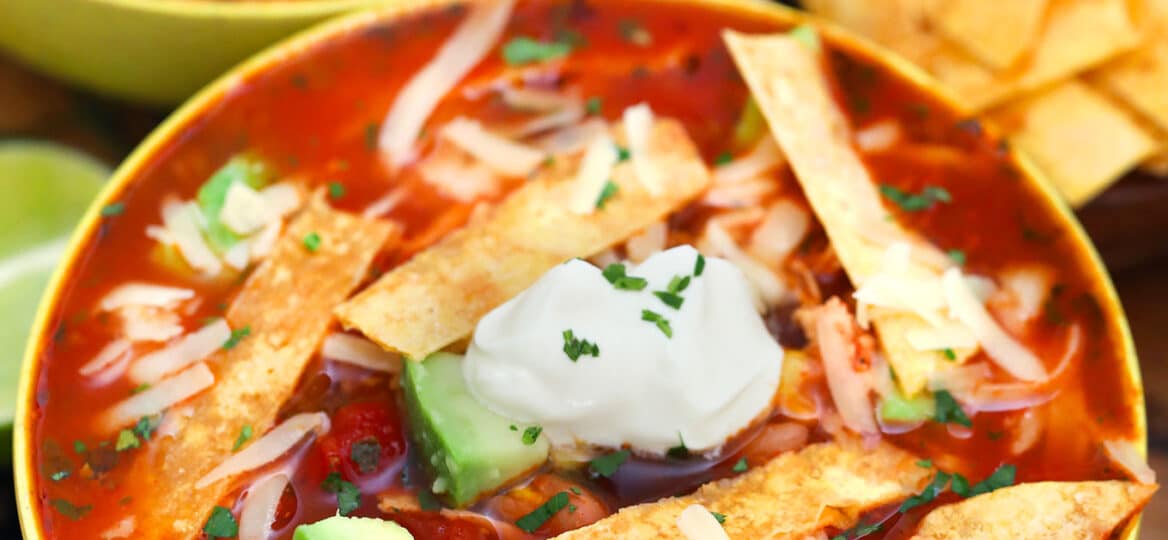 Chicken Tortilla Soup adds heat to the cold nights of winter! Let this dish warm you up this season! It is flavorful, hearty, and makes for a quick dinner! #chickenfoodrecipes #souprecipe #mexicanrecipes #sweetandsavorymeals #chickentortillasoup