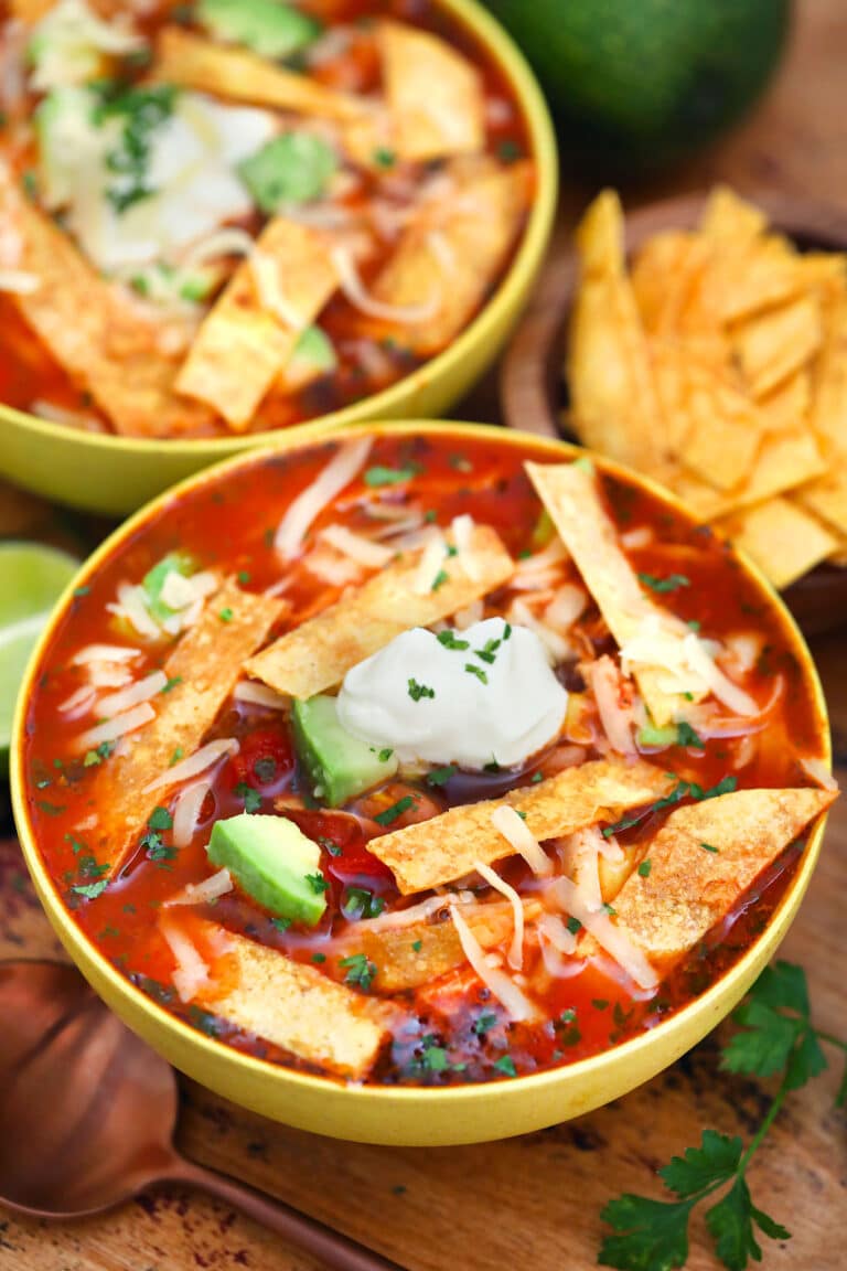 Chicken Tortilla Soup adds heat to the cold nights of winter! Let this dish warm you up this season! It is flavorful, hearty, and makes for a quick dinner! #chickenfoodrecipes #souprecipe #mexicanrecipes #sweetandsavorymeals #chickentortillasoup