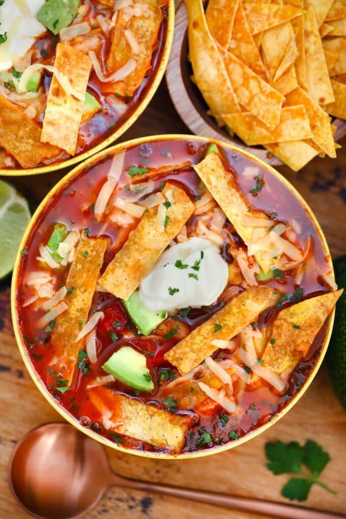 Chicken Tortilla Soup adds heat to the cold nights of winter! Let this dish warm you up this season! It is flavorful, hearty, and makes for a quick dinner! #chickenfoodrecipes #souprecipe #mexicanrecipes #sweetandsavorymeals #chickentortillasoup