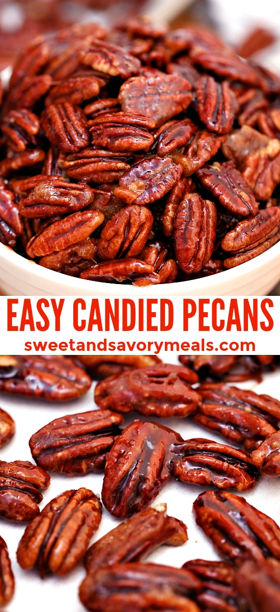 Candied Pecans are great for snacking, desserts and even salads! This recipe makes sure that the nuts are not sticky, but crunchy, and perfectly spiced! #pecans #candiedpecans #sweetandsavorymeals #easyrecipes #fallrecipes