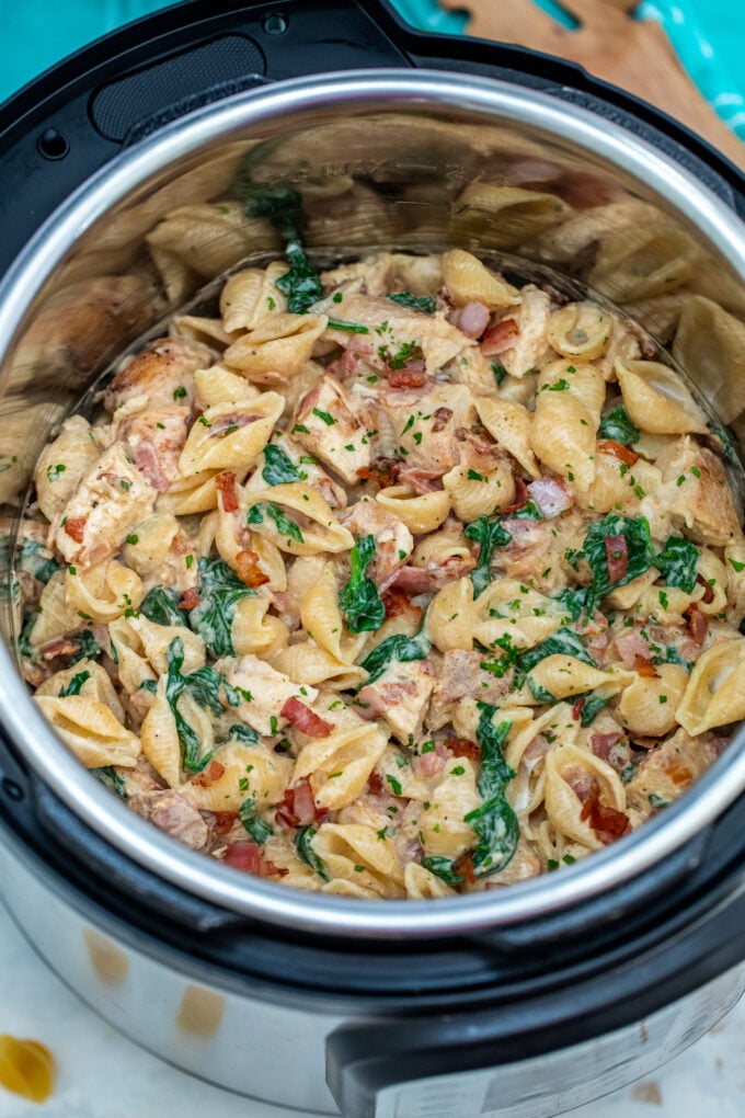 Picture of chicken bacon ranch pasta made in the instant pot.
