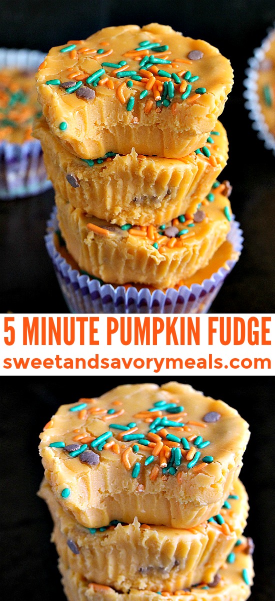 Pumpkin Fudge made in 5 minutes with only 5 ingredients! Creamy, delicious, no bake and also gluten free. #pumpkin #fudge #pumpkinfudge #thanksgiving #nobake #sweetandsavorymeals