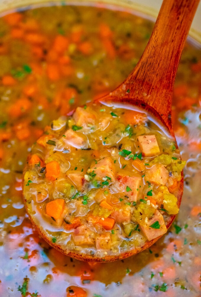 image of ham split pea soup in a a pot