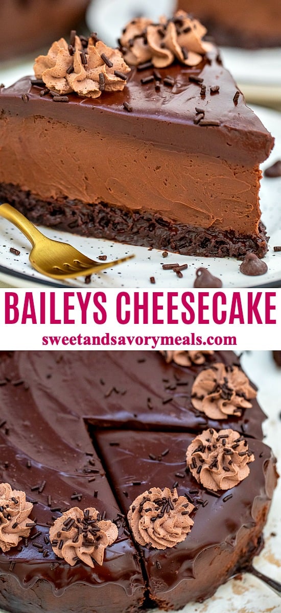 Brownie Baileys Cheesecake is decadent, chocolaty, dense, and extraordinary. It is everything that an elegant cheesecake should be and more! #baileys #stpatrickday #cheesecake #cheesecakerecipes #sweetandsavorymeals