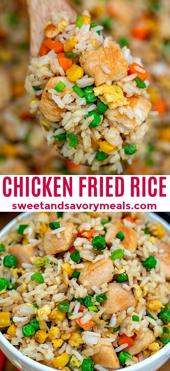 Chicken Fried Rice is a hearty and savory dinner option for the whole family! Follow this recipe for a homemade version of your favorite Chinese takeout! #chickenrecipes #asianrecipes #friedrice #sweetandsavorymeals #chineserecipes