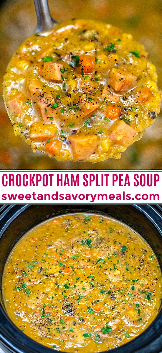 Slow Cooker Ham Split Pea Soup is comforting, warm, and healthful. #slowcookerrecipes #crockpot #splitpeasoup #hamsoup #sweetandsavorymeals #souprecipes