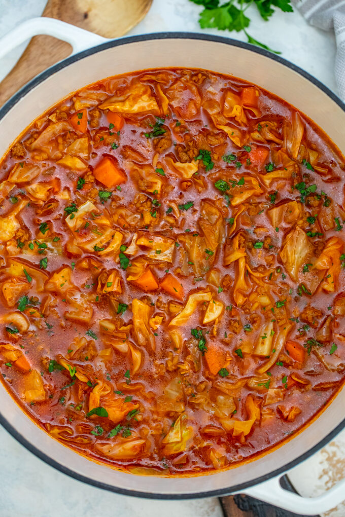 cabbage roll soup in a dutch oven