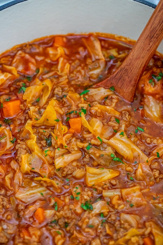 a pot of cabbage soup with ground beef