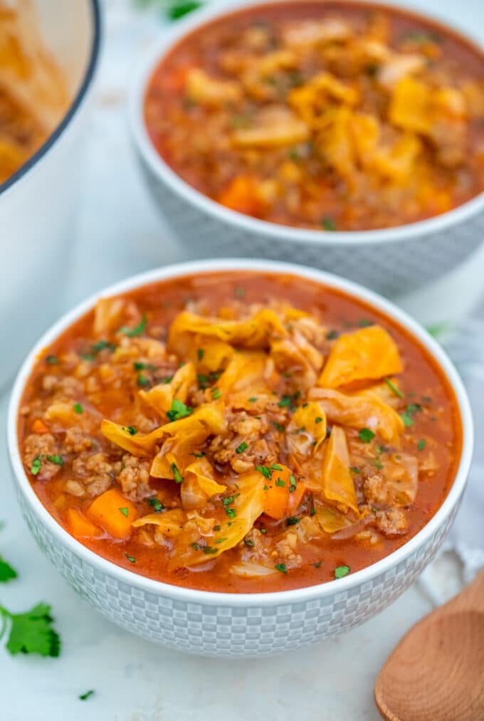 bowls of cabbage soup with ground beef