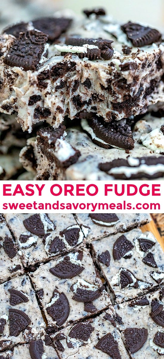 Oreo Fudge is a three-ingredient no-bake dessert that you can prepare in a whim! #fudge #oreofudge #nobakedesserts #sweetandsavorymeals #christmasrecipes