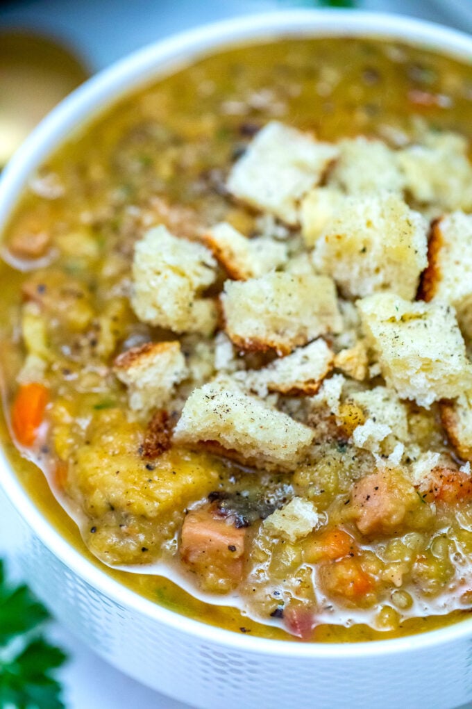 Instant Pot Ham Split Pea Soup is a quick and delicious way to use some leftover ham. It is a humble dish yet it is rich in flavor and nutrients! #souprecipes #instantpotrecipes #pressurecooker #ham #sweetandsavorymeals