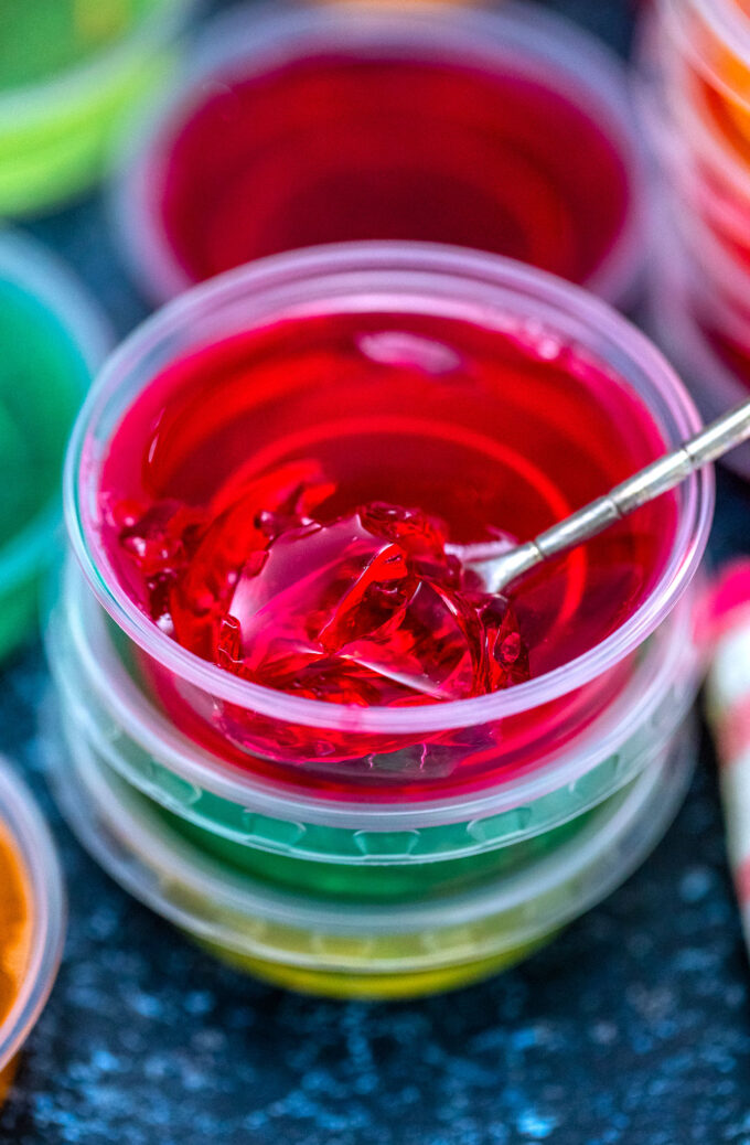 Vodka jello shot in plastic cups.