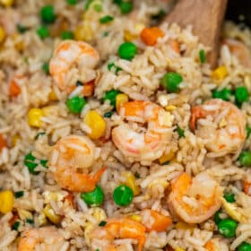 Shrimp Fried Rice is best made with leftovers and that makes this twice better than takeout! #shrimprecipes #shrimpfriedrice #friedrice #sweetandsavorymeals #chineserecipes