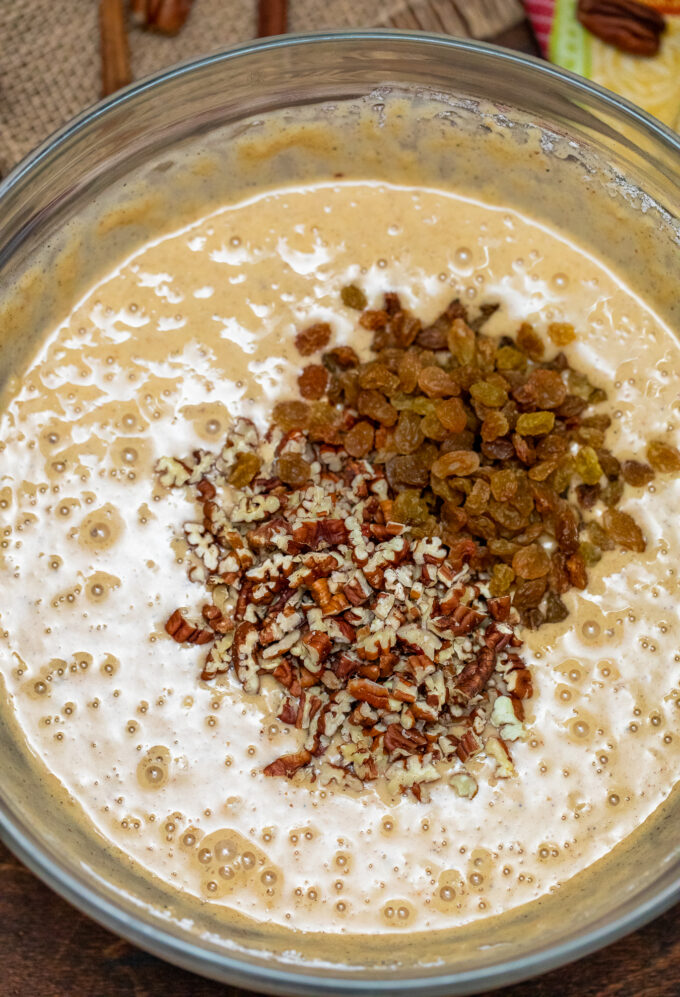 picture of batter pecans and raisins for spice cake