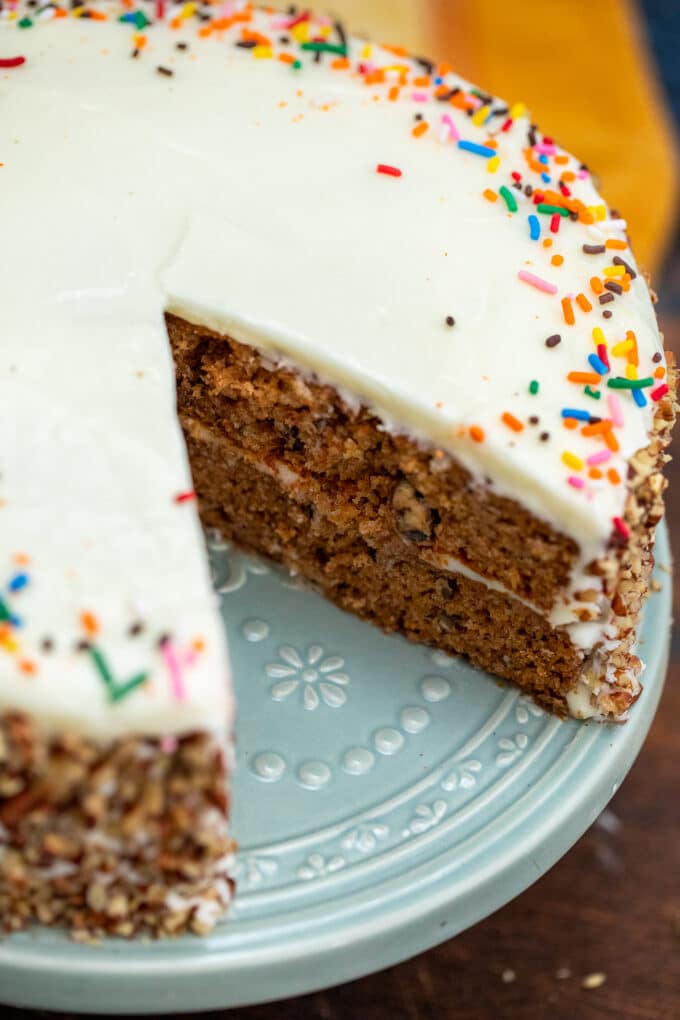 image of sliced spice cake topped with sprinkles on a plate