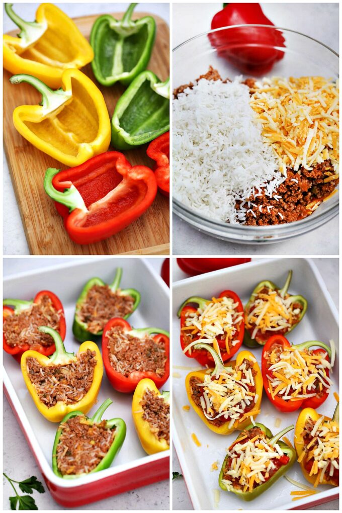 collage of photos showing how to make Mexican stuffed peppers.