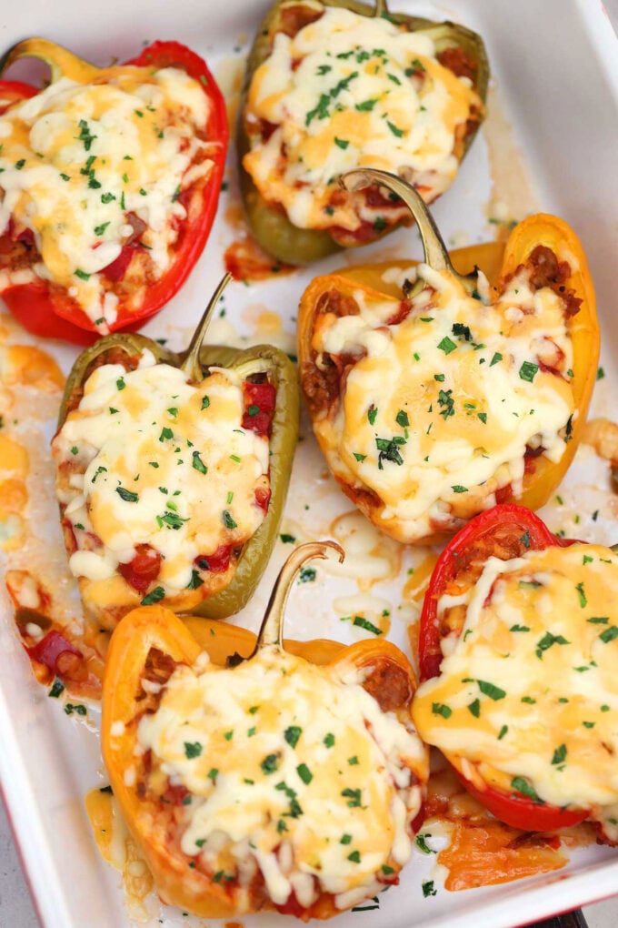 baked taco Mexican stuffed peppers in a baking dish