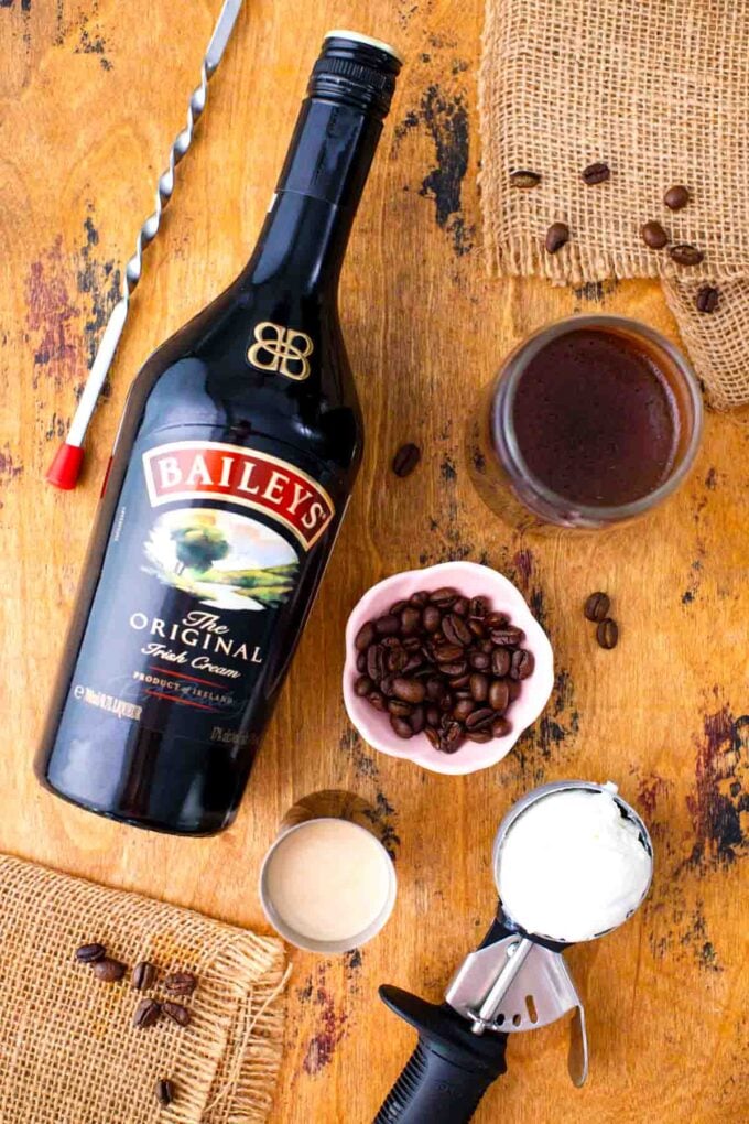 Baileys affogato ingredients in bowls on a wooden table