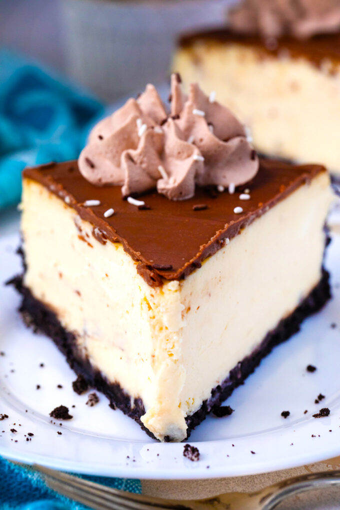 Close shot of a slice of creamy Bailey's cheesecake.
