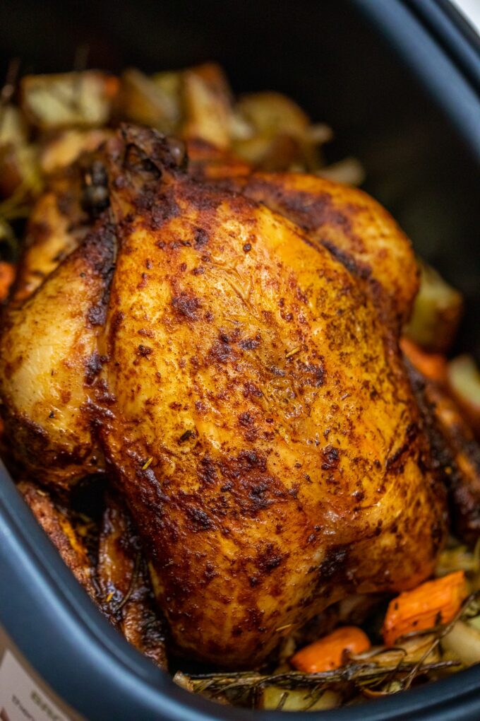 Crockpot whole chicken with vegetables and herbs