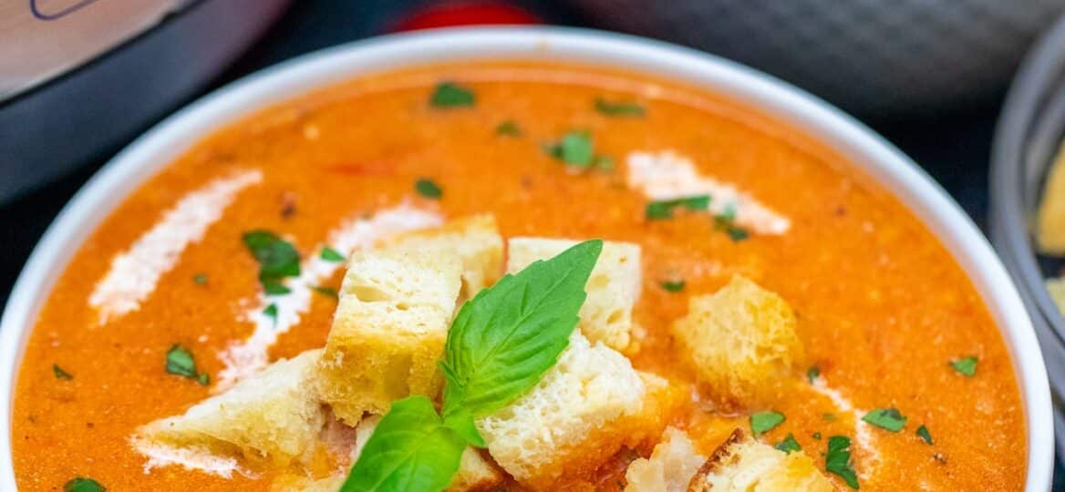 Instant Pot Tomato Bisque is so easy to prepare - the best when you are in a hurry. #instantpot #pressurecookes #instantpotrecipes #sweetandsavorymeals #souprecipes #tomatobisque