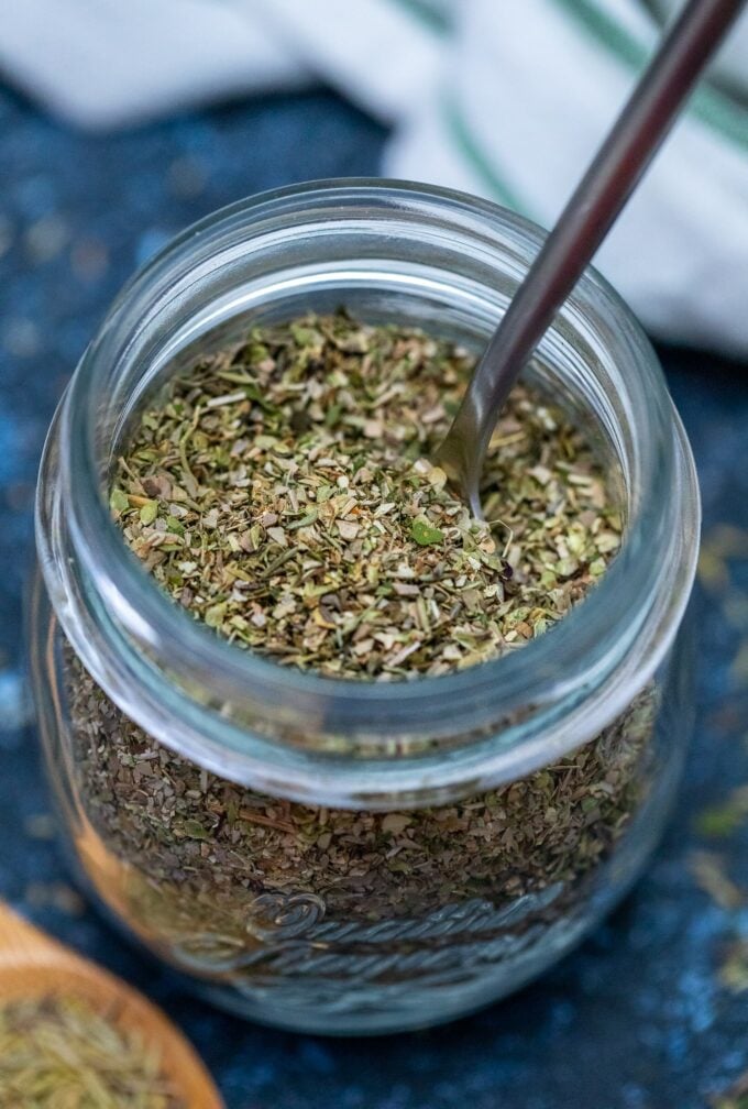 Homemade Italian seasoning in a glass jar