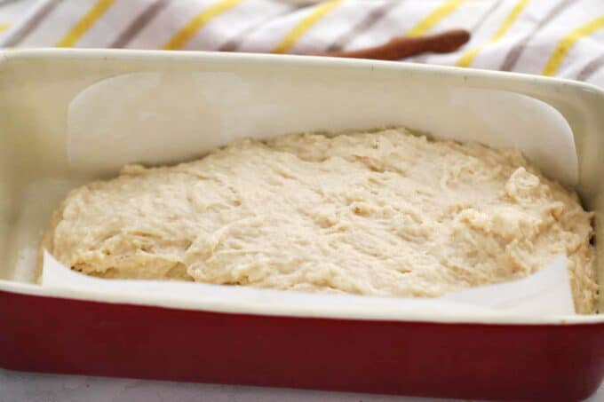 beer bread batter in a loaf pan