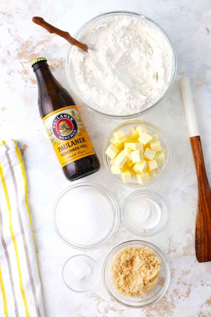 beer bread ingredients in bowls on a table