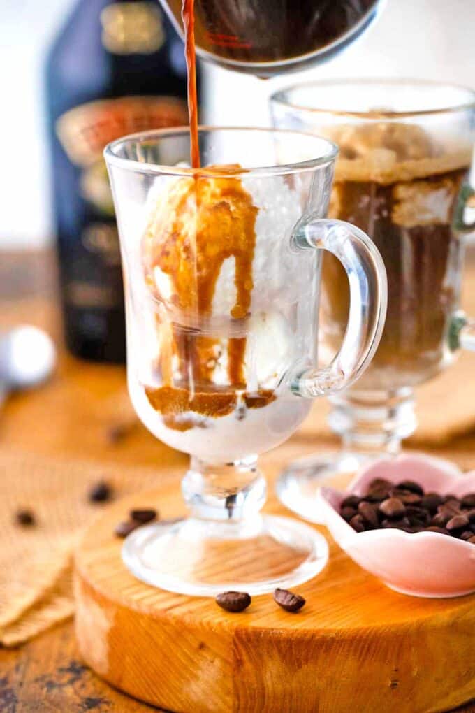 adding espresso to a cup with ice cream