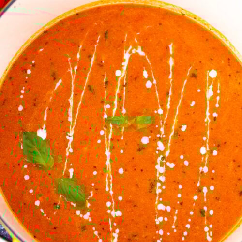 Overhead shot of homemade tomato bisque.