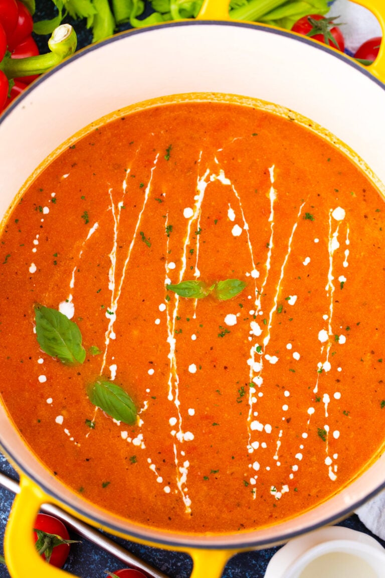 Overhead shot of homemade tomato bisque.