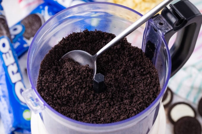Making Oreo crumbs in a food processor.