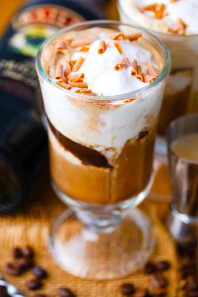 Baileys affogato with ice cream and chocolate shavings