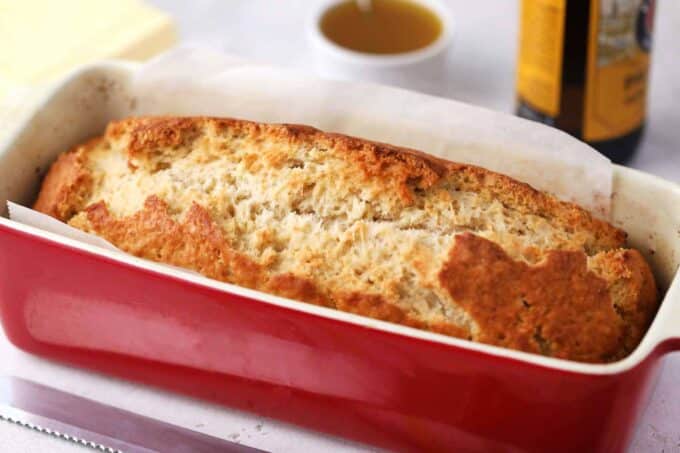 baked beer bread in a loaf pan