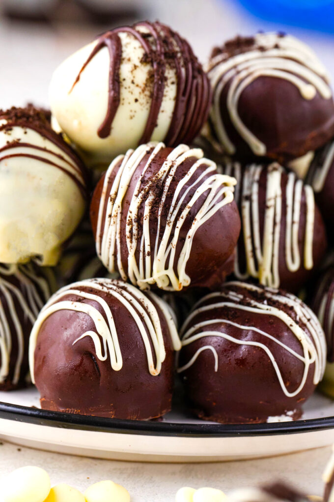 A stack of homemade no-bake Oreo balls.