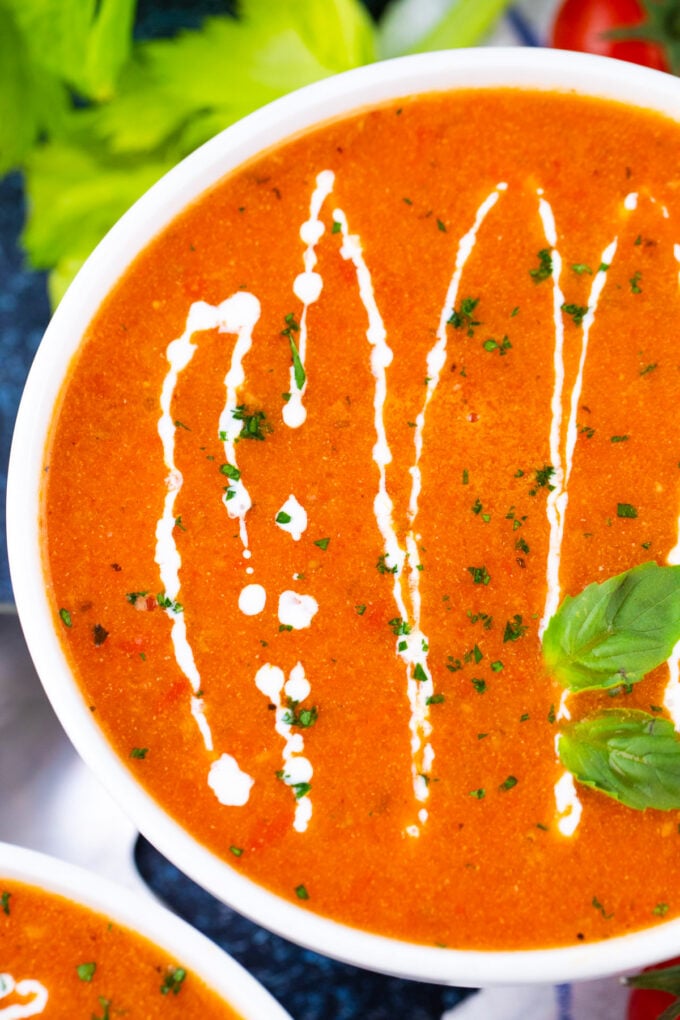 Overhead shot of creamy roasted tomato bisque.
