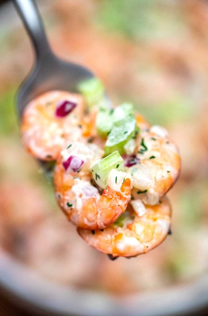 image of shrimp salad on a fork