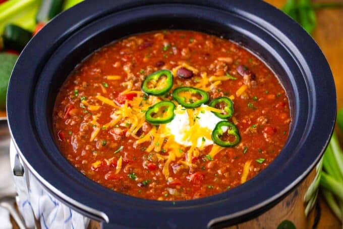 a bowl of homemade crockpot Wendy's chili