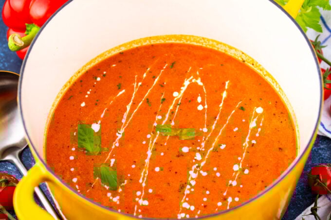 A pot of homemade tomato bisque.