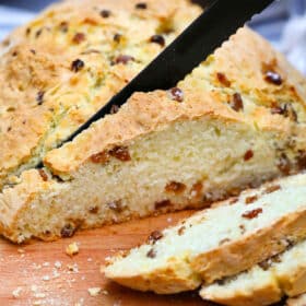 photo of slicing Irish soda bread